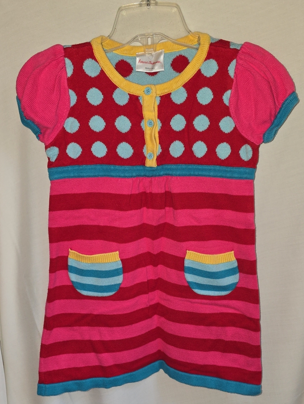 Hanna Andersson Pink & Red Striped Knit Dress with Blue Polka Dot Yoke